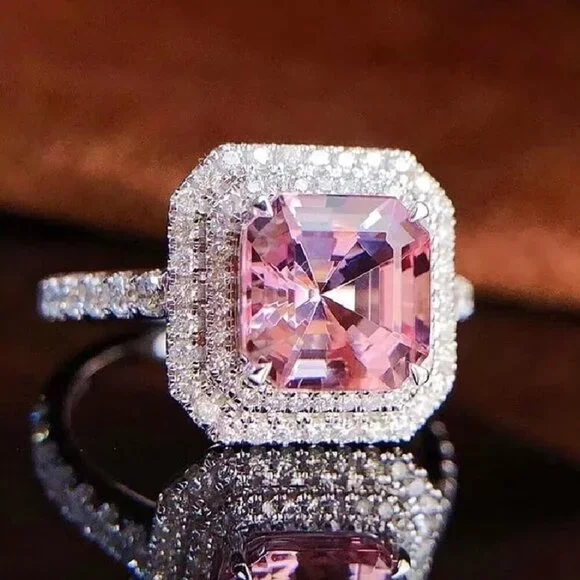 NEW 925 Sterling Silver Pink Diamond Ring Cushion Cut Halo Ring - Picture 3 of 7